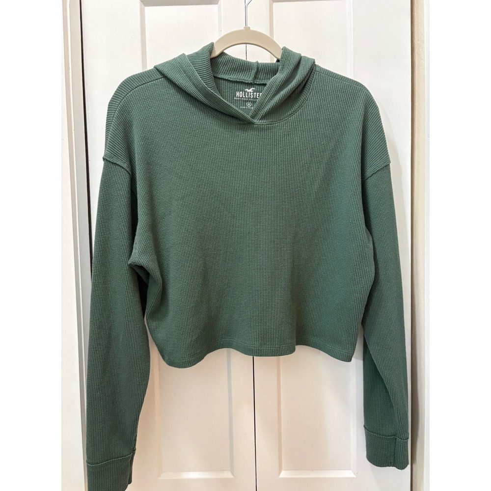 Hollister Must-Have Collection Waffle Knit Cropped Hoodie Sage Green Medium